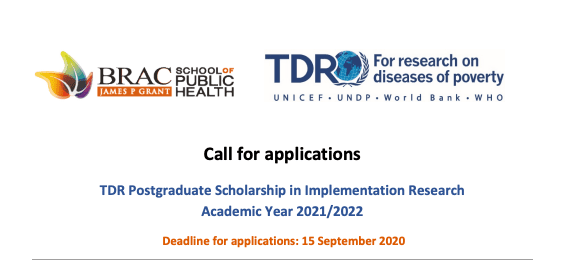 Call for Application! TDR Postgraduate Scholarship in Implementation Research, BRAC University