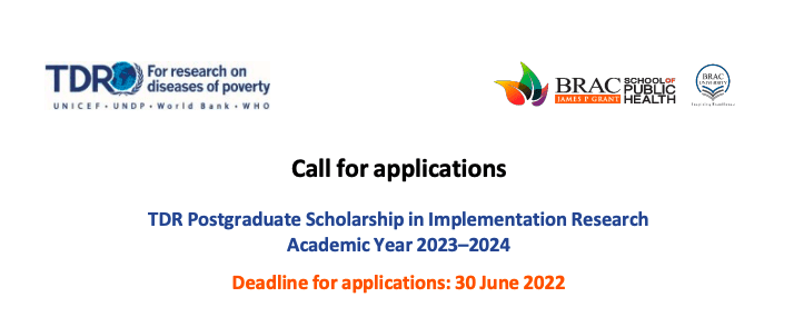 Call for applications TDR Postgraduate Scholarship in Implementation Research Academic Year 2023–2024