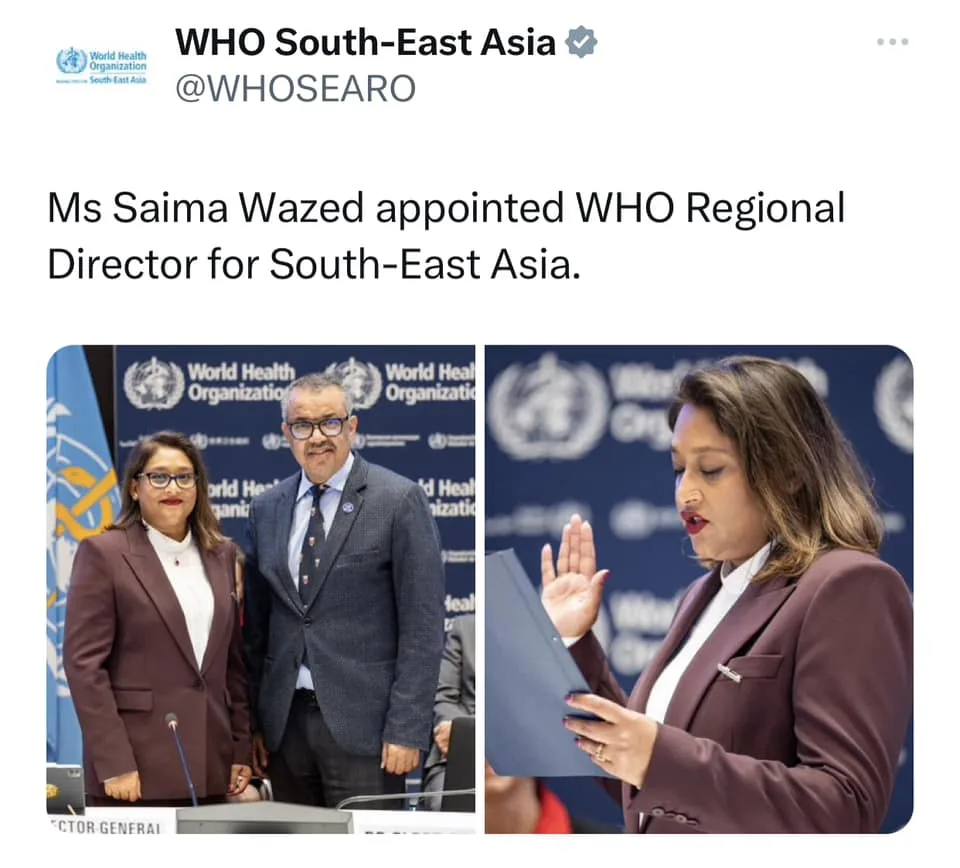 Ms Saima Wazed appointed WHO Regional Director for South-East Asia