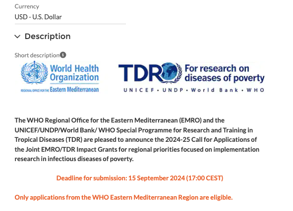 Call for Proposals: 2024-25 Joint EMRO-TDR Impact Grants for Regional Priorities Focused on IR in Infectious Diseases of Poverty